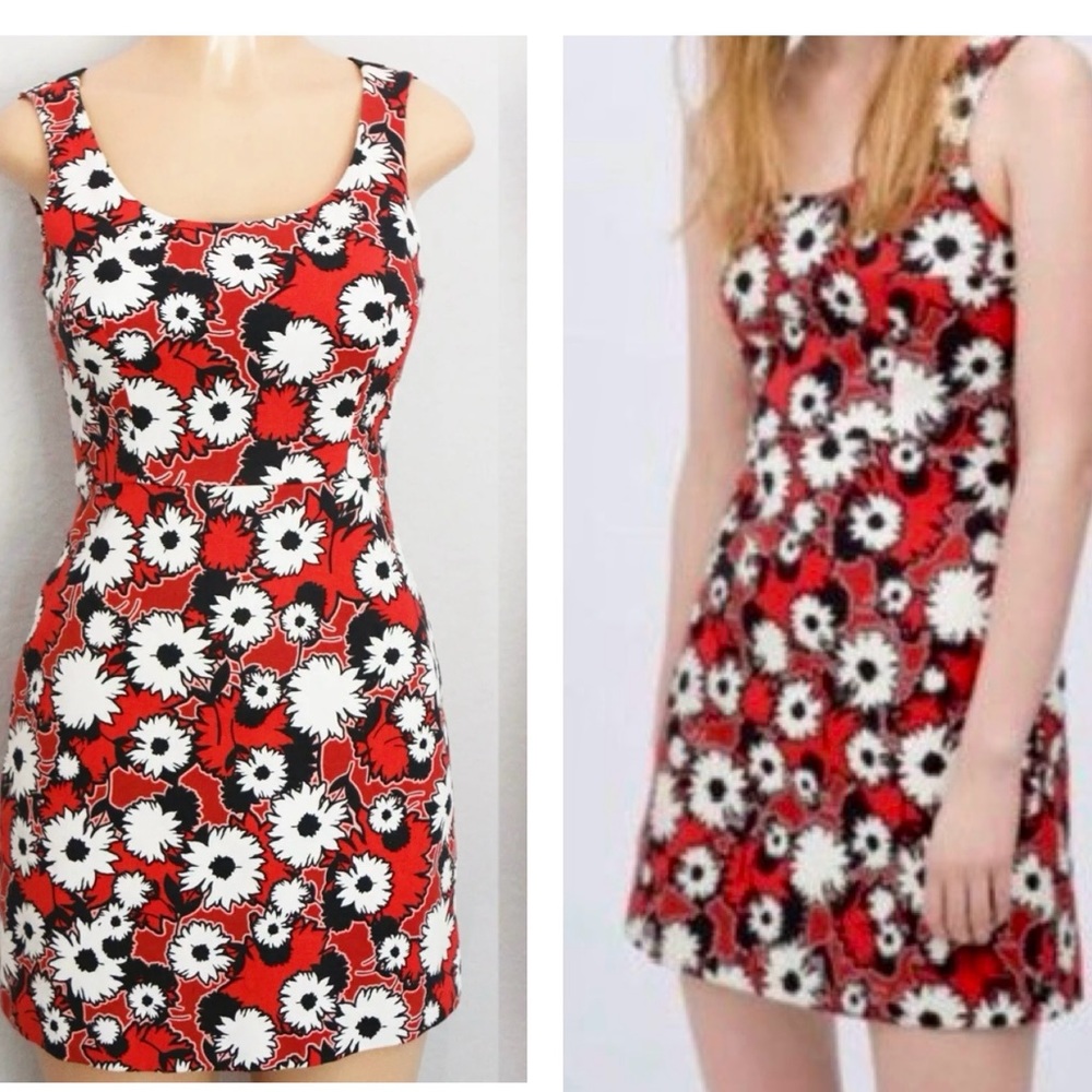 ZARA TRAFALUC Red Black White Floral Zip Up Mini Dress